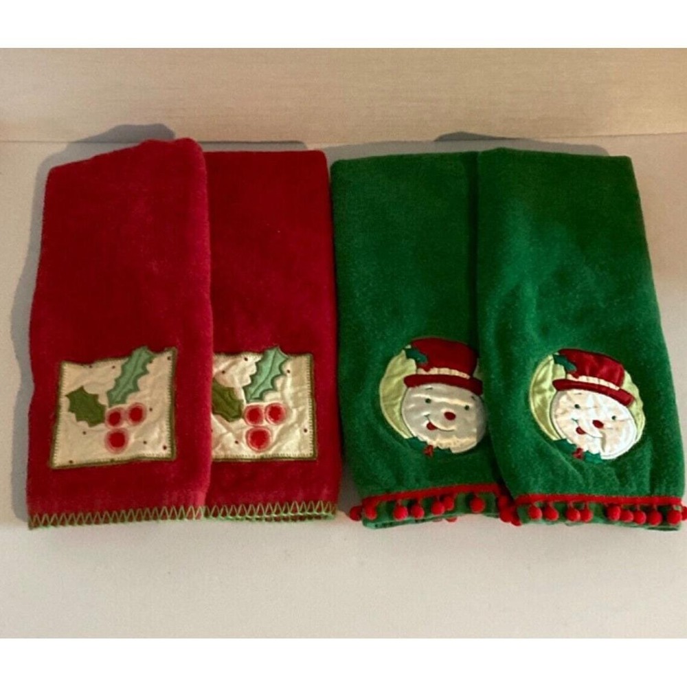 Christmas Hand Towel Set of 4 Red Green Appliqué Snowman Holly Embroidery